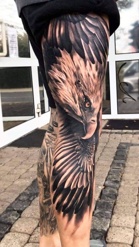 Bald Eagle Tattoos, Best Leg Tattoos, Hawk Tattoo, Animal Sleeve Tattoo, Full Leg Tattoos, Tattoo Leg, Full Sleeve Tattoo Design, Tattoo Inspiration Men, Back Of Shoulder Tattoo