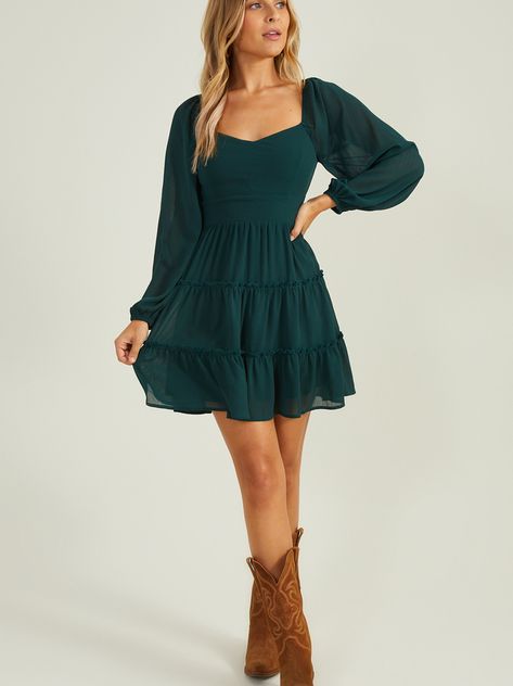 Miley Ruffle Tiered Dress Hock Dresses, Cute Church Dresses, Western Formal Dresses, Cute Country Dresses, Country Concert Dress, Dance Outfit Ideas, Dresses With Cowboy Boots, Ruffle Tiered Dress, Western Dresses For Women