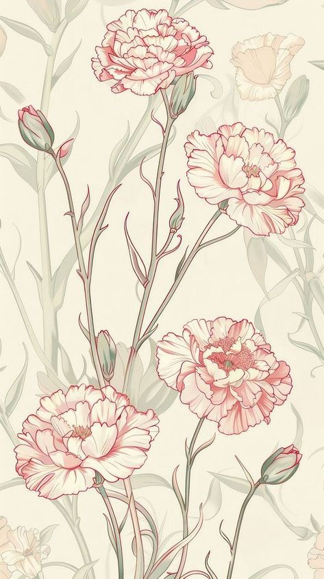 Carnations art illustrated graphics | free image by rawpixel.com Art Nouveau Carnation, Carnation Flower Art, Carnation Wallpaper Aesthetic, Prints And Patterns Aesthetic, Flower Illustration Aesthetic, Carnation Flower Illustration, Carnation Flower Wallpaper, Carnation Flower Aesthetic, Digital Flowers Illustration