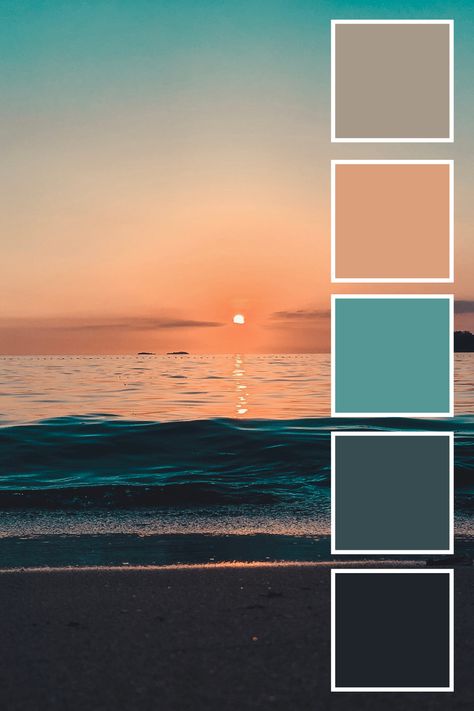 Color Palette Nautical, Sunset Beach Palette, Beach Resort Color Palette, Beach Sunrise Color Palette, Sunset Ocean Color Palette, Beach Tones Colour Palettes, Surfer Color Palette, Puerto Rico Color Palette, Summer Beach Color Palette