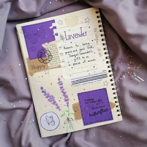 Diary Journal Aesthetic Ideas, Flower Journal Aesthetic, Cute Journaling Pages, Sketch Journal Aesthetic, Scrapbook Journal Ideas Aesthetic, Purple Scrapbook Ideas Aesthetic, Purple Journal Ideas, Purple Scrapbook Ideas, Aesthetic Purple Journal Ideas