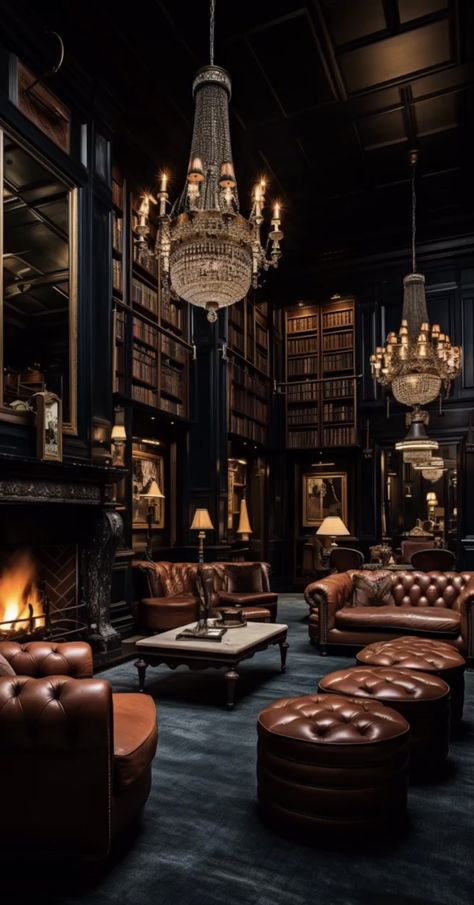 Old World Luxury, Dark Classic Interior Design, Gentlemen’s Club Decor, Man Cave Library Study, Basement Whiskey Lounge, Wine And Whiskey Room, Luxury Club Aesthetic, Gentlemans Club Decor, Vintage Speakeasy Aesthetic