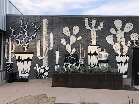 Western Wall Murals Painted, Cactus Mural, Desert Mural Paintings, Cactus Wall Mural Diy, Cactus Mural Outdoor, Arizona Mural Art, Southwest Modern, Doodle Wall, Coffee Drawing