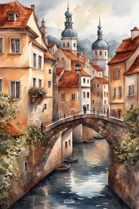 Classic style AI generated fantasy city landscape inspired by a famous old European city Fantasy City Landscape, Calming Pictures, Rome Art, Italian Posters, Building Painting, Art Colour, Watercolor Architecture, European City, Fantasy City