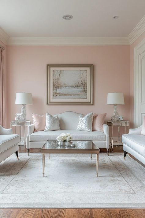 Light Pink Living Room, Pale Pink Walls, Pink Living Room Walls, Grey And Pink Living Room, Light Wood Accents, Pink Living Room Ideas, Blush Pink Living Room, Romantic Living Room, Cream Living Rooms