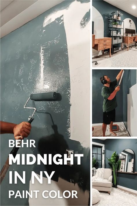 Behr Midnight in NY is a beautiful moody navy green that is the perfect shade for adding depth and drama to a room. Learn all about Behr Midnight in NY in this complete review. Deep Teal Behr, Midnight In New York Behr Paint, Behr Paint Colors Black Evergreen, Behr Midnight Show, Midnight In New York Behr, Mcm Paint Colors Behr, Midnight Show Behr, Behr Dark Teal Paint Colors, Behr Midnight In Ny