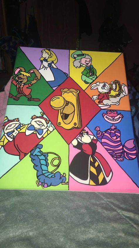 Trippy Disney Paintings, Drawing Inspo Disney, Big Canvas Painting Ideas Disney, Small Disney Paintings, Painting Ideas Alice In Wonderland, Alice In Wonderland Painting Ideas, Canvas Painting Ideas Disney, Disney Character Paintings, Alice In Wonderland Painting Easy