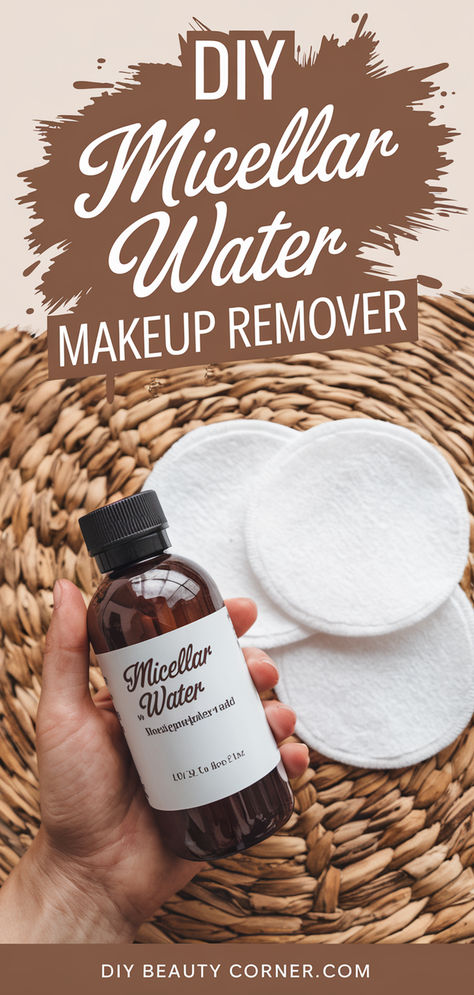 DIY Micellar Water Makeup Remover bottle with cotton pads on a woven surface How To Make Makeup Remover, Homemade Makeup Remover Wipes, Diy Makeup Remover Recipe, Diy Makeup Remover Oil, Natural Make Up Remover, Diy Micellar Water Recipe, Diy Makeup Remover Balm, Diy Natural Makeup Recipes, Mineral Oil Uses