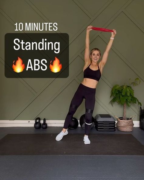 Kat B | Home Workouts on Instagram: "10 Min Standing Abs Workout with just 1 small resistance band Do each exercise 10 reps and repeat this circuit 3x. 🎵 Monster - Tobin Schulz Remix Sports bra- @lululemon Leggings - @lilybod Shoes - @apl Large exercise mat (8x4) is from @yogorillamats They have many other sizes and the quality is 👌🏼👌🏼 Use my code katbfit for 10% off #absvideos #coreworkouts #abexercises #howtotoneyourtummy #abworkoutideas #abworkoutsfromhome #strongcore #absworkout #standingabs" Resistance Band Ab Workout, Full Body Workout Challenge, Resistance Band Abs, Standing Abs Workout, Standing Workout, Standing Ab Exercises, Standing Abs, Leg And Glute Workout, Resistance Band Workout