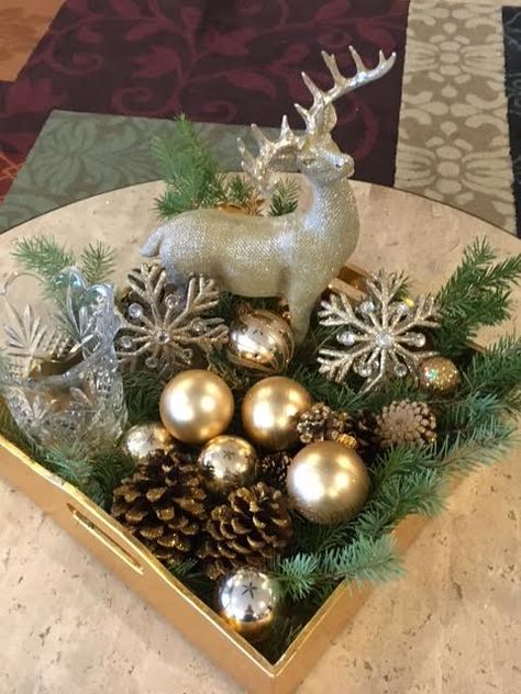 do it your self deer holiday centerpiece by Mindy Meyersick Christmas Trays Ideas, Deer Decorations Christmas, Reindeer Centerpieces Table Decorations, Easy Christmas Centerpieces Diy, Christmas Reindeer Centerpiece, Reindeer Christmas Table Decor, Deer Centerpiece Ideas Christmas, Christmas Deer Table Decor, Reindeer Centerpieces