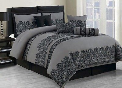 10 Piece Queen Miya Black and Gray Comforter Set Peony Bedding, Grey Comforter, Grey Comforter Sets, Bedding Sets Grey, Cal King Bedding, King Comforter Sets, Bed In A Bag, Queen Comforter Sets, Queen Bedding Sets