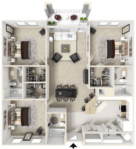 A on Twitter: "Floor plan design for medium houses… " Apartment Layout 3 Bedroom, Apartment Layout 3bedroom, Three Bedroom Apartment Floor Plans, 3 Bedroom Apartment Floor Plan, Bloxburg Restaurant, Three Bedroom House Plan, 3d House Plans, Apartment Floor Plan, House Floor Design