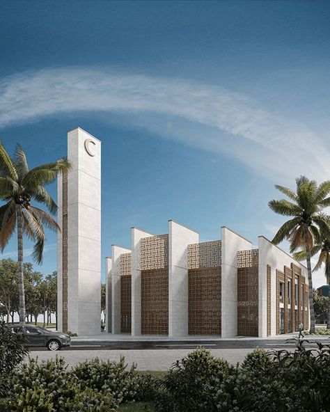 Mosque Modern Design, Islamic Mosque Architecture, Mosque Minaret Design, Modern Masjid Design, Islamic Buildings Architecture, Masjid Design Islamic Architecture, Concrete Roof Detail, Mushola Design, Surau Design