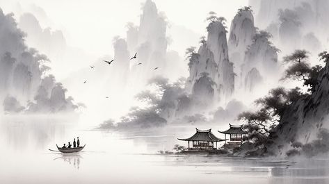 Chinese Mountains Painting, Chinese Painting Aesthetic, Chinese Art Painting Landscape, Traditional Chinese Art Landscape, Traditional Japanese Ink Painting, Traditional Chinese Painting Landscapes, Chinese Mountain Art, Chinese Laptop Wallpaper, Chinese Brush Art