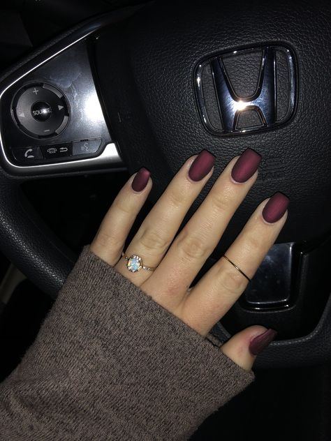 Matte Burgundy Coffin Acrylic Nails Dark Red Nails Matte With Glitter, Nail Ideas Maroon Burgundy, Fall Matte Acrylic Nails, Matte Maroon Nails Short, Flat Maroon Nails, Shimmer Matte Nails, Basic February Nails, Dark Burgundy Acrylic Nails, Matte Red Gel Nails