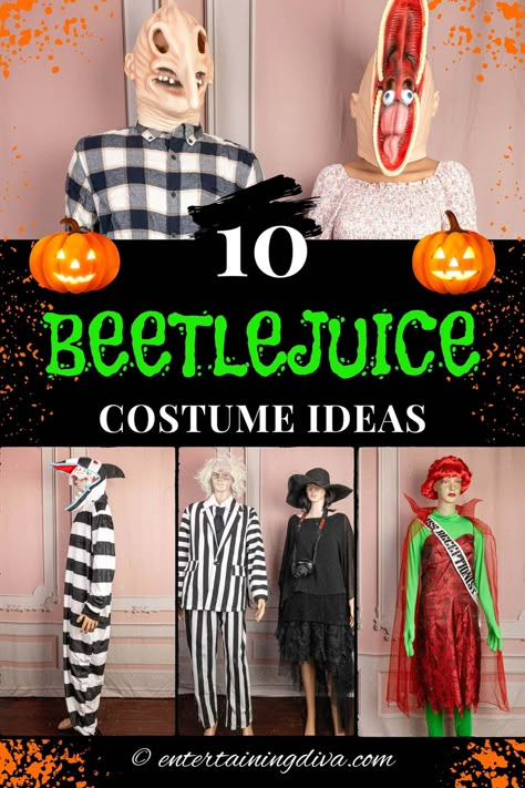 The Best Beetlejuice Costume Ideas | Halloween Party Beetlejuice Costumes, Diy Beetlejuice, Beetlejuice Outfits, Beetlejuice Dress, Beetlejuice Characters, Beetlejuice Halloween Costume, Karneval Diy, Halloween Costumes Brunette, Beetlejuice Costume