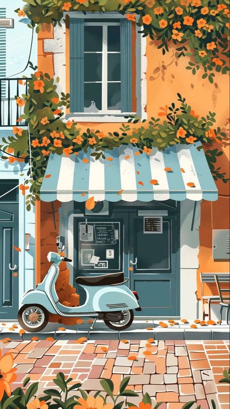 Italy Cartoon Illustrations, Italy Street Drawing, Cafe Paintings Art, Cafe Illustration Art, Vespa Wallpaper, Italian Images, Italian Background, Italy Vespa, Italy Background