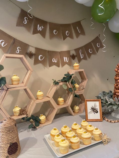 Sweet As Can Bee Cupcakes, Bee Theme Treat Table, Honey Themed Cupcakes, Honey Comb Cupcake Stand, Hexagon Cupcake Display, Mama To Bee Cupcakes, Honey Bee Balloon Garland, Honey Bee Is Three, Honeycomb Cupcake Stand