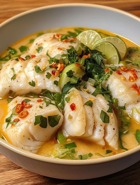 Coconut Lime Fish Soup Recipe - Sanepe Recipes Coconut Fish, Fish Fillets, Fish Soup, Comfort Dishes, White Fish, Fish Fillet, Coconut Lime, Fish Dishes, Quick Recipes