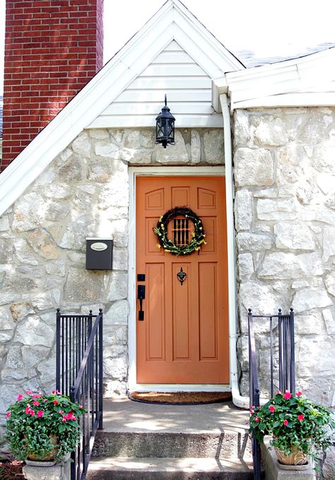 front-door Orange Front Door, Orange Front Doors, Traditional Porch, Orange Door, Front Door Makeover, Front Door Paint Colors, Outdoor Designs, Door Paint Colors, Brown House