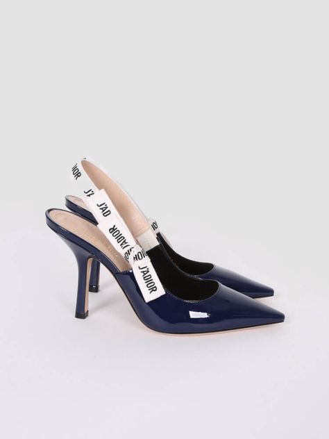 Christian Dior J'Adior Slingback Pump in Navy Patent LeatherHeels height in cm: 10Color: blue Navy Heels Aesthetic, Blue Heels Designer, Blue Dior Shoes, Christian Dior Heels, Dior Slingback, Heels Dior, Elegant Shoes Heels, Dior Shoes Heels, Dior Heels