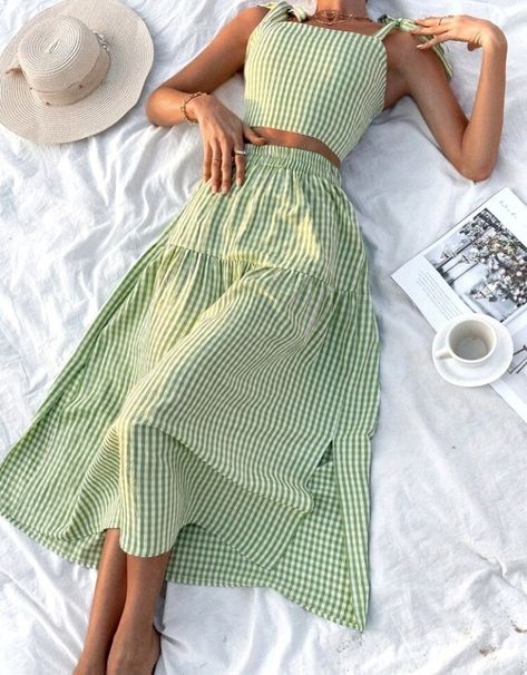 Summer Top Inspiration, Cute Tops To Wear With Skirts, Two Piece Summer Dress, Skirt And Top Co Ord, Gingham Tops For Women, Gingham Two Piece Outfit, Sewing Two Piece Outfit, Green Gingham Skirt, How To Style Sleeveless Top