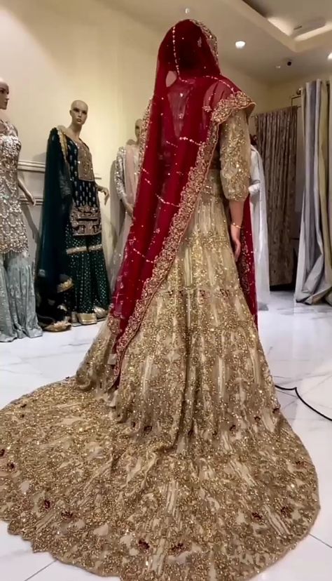 Light Golden Bridal Maxi Design & Brownish Embroidery Full Work with Red Dupatta Cornern Bordered..! Gold Bridal Lengha With Red Dupatta, Gold And Red Wedding Dress, Golden Bridal Lehenga With Red Dupatta, Golden Lehnga Bride, Golden Bridal Lehenga, Bridal Maxi, Red Dupatta, Pakistani Bridal Dress, Nikah Dress