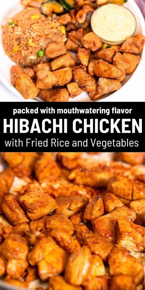 Hibachi chicken is a mouthwatering Japanese dish that has become super popular recently. The dish is prepared by marinating chicken breast or thigh meat in a delicious savory sauce, then grilling it alongside fresh vegetables such as onions, zucchini, and mushrooms on a hot teppanyaki-style grill. Fried Rice And Vegetables, Hibachi Chicken Recipe, Chicken With Fried Rice, Zucchini And Mushrooms, Marinating Chicken, Flavored Chicken, Hibachi Recipes, Hibachi Chicken, Rice And Vegetables