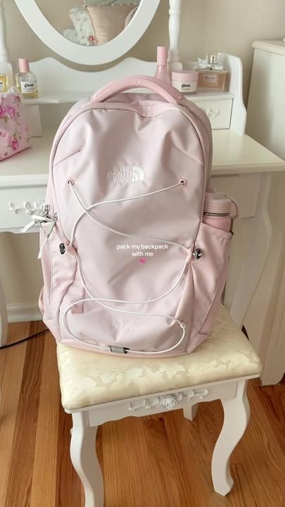 Keanni on TikTok Pink Moss North Face Backpack, North Face Pink Backpack, Pink North Face Backpack, North Face Backpack School, Romanticize Study, Pink School Bags, Summer Bag Essentials, Big Backpack, School Backpack Essentials