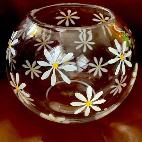 Daisy vase  - hand painted Glass Painting Designs, Painting Designs, Paint Designs, Glass Painting, Daisy, Vase, Hand Painted, Glass, Closet