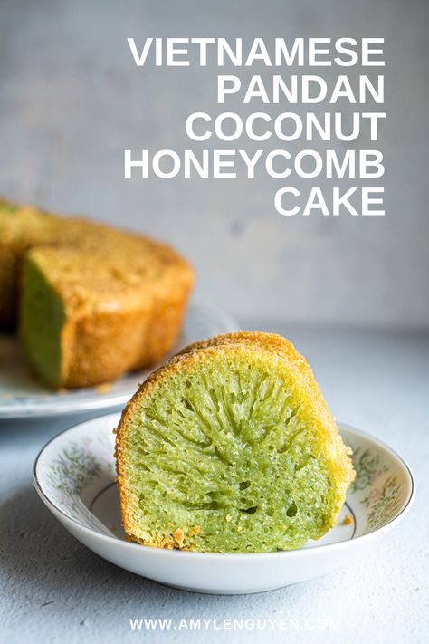 Bánh Bò Nướng, also known as Honeycomb cake, offers a delightful chewy texture and naturally gluten free. With hints of pandan and coconut . It's a lightly sweetened treat that is both unique and satisfying. Vietnamese Honeycomb Cake, Pandan Coconut Cake, Banh Bo Nuong Recipe, Pandan Honeycomb Cake, Pandan Dessert, Honey Cone, Banh Bo, Honeycomb Candy, Vietnamese Foods