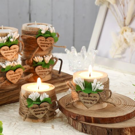 PRICES MAY VARY. Ideal Guest Favors: there are 50 pieces of the wood candle holders with candles, measuring about 1.73 x 2.05 inches/ 4.4 x 5.2 cm each, decorated with faux elegant flowers, heart shaped wooden thank you tags and jute ropes, making them ideal for serving as guest favors for various occasions, to express your sincere gratitude Romantic and Warm Design: featured with a simple and rustic style, the wood tealight candle holder looks charming and warm, and the white flowers also add a Baby Shower Elegante, Cylinder Candle Holders, Candle Bridal Shower Favors, Cylinder Candle, Cylinder Candles, Candle Wedding Favors, Rustic Centerpieces, Tealight Candle Holder, Wedding Gifts For Guests