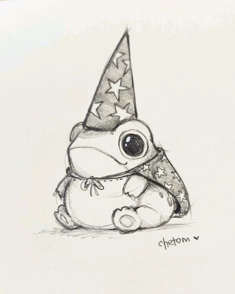 Magic Sketches Ideas, Frog Pen Drawing, Cute Drawings Frogs, Doodles Art Aesthetic, Cute Drawings With Pencil, Wizard Frog Drawing, Frog With Hat Tattoo, Frog Hat Drawing, Magic Hat Drawing