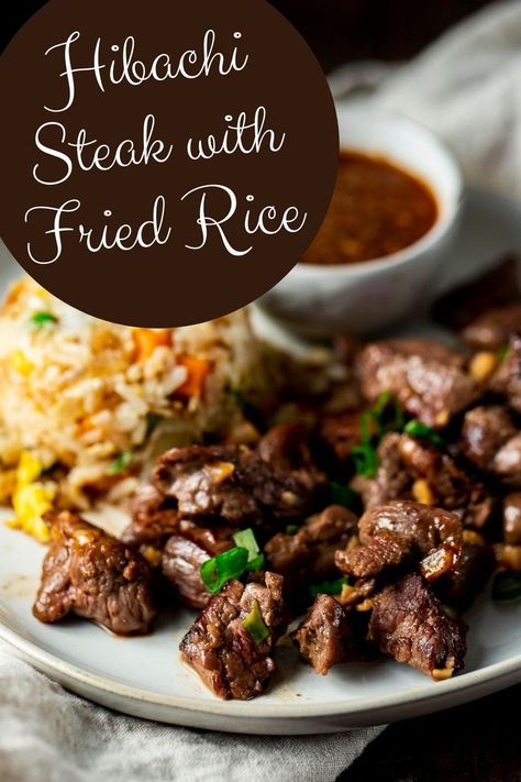 Steak And Rice Dinner Recipes, Easy Hibachi Steak Fried Rice, Hibachi Steak On Blackstone, Fried Rice Steak, Black Stone Hibachi Steak, Steak Hibachi At Home, Stove Top Hibachi, Steak Marinade For Fried Rice, Blackstone Steak Fried Rice