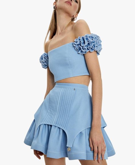 Shop Mini Flounced Skirt from Guranda at Seezona | Seezona Skirt With Garter, Flounced Skirt, Maternity Nightwear, Ruffled Crop Top, Car White, Unique Skirts, Crop Top Designs, Flounce Skirt, Light Blue Shorts