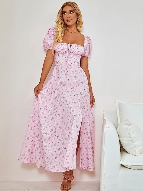 Maxi Dress Flowy, Pink Sundress, Long Beach Dress, Dress Flowy, Short Sleeve Maxi Dresses, Split Maxi Dress, Flowy Maxi Dress, Pink Floral Dress, Maxi Dress With Sleeves