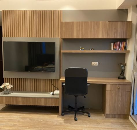 Tv And Computer Wall Unit, Tv Unit With Office Table, Tv Wall With Computer Desk, Tv Above Computer Desk, Desk Media Wall, Tv Unit With Working Table, Study Table With Storage Cabinets, Tv With Desk Bedroom, Media Unit With Desk