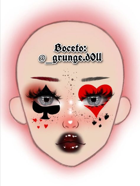 Cards Makeup Look, Queen Of Cards Makeup, Card Makeup Look, Playing Cards Makeup, Playing Card Makeup, Queen Of Hearts Costume Makeup, Queen Of Hearts Makeup Ideas, Queen Of Hearts Makeup Halloween, Heart Clown Makeup