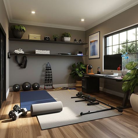 Professional Office Photos: Work From Home Quality Studio Apartment Study Space, Office Exercise Room, Office Workout Space, Workout Office Room, Office Gym Room, Small Home Office And Gym, 400 Sq Ft Office Design, Gym / Office Room, Gamer Home Office