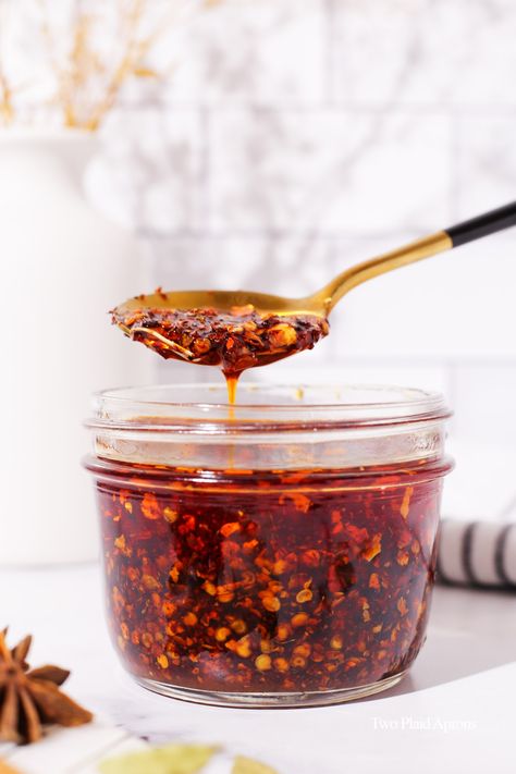 Easy Chinese Chili Oil | Two Plaid Aprons Chinese Chilli Oil, Chinese Chili Oil, Pork And Chive Dumplings, Asian Languages, Chinese Chili, Edible Ideas, Hot Chili Oil, Cumin Lamb, Chili Oil Recipe