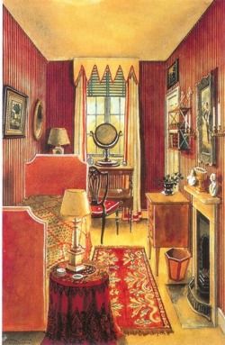 Some of the most popular colors for 1940s homes are green, white, red, blue, and yellow. glass knobs for cabinets and drawers were also popular. Red Bedroom, Famous Houses, Interior Paintings, Interior Sketch, Hunting Lodge, Bedroom Red, Interior Illustration, Interior Rendering, Vintage Room