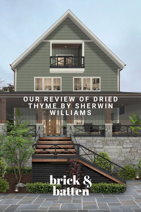 Dried Thyme by Sherwin Williams is a gorgeous dark green paint color with muted tones. Learn more about why Dried Thyme is a popular choice for home exteriors and why it might be the perfect shade for your house: https://bit.ly/3Cbf2ve Sage Green House Exterior With Wood Accents, Green Gray Siding Exterior Houses, Green Paint Outside House, Driftwood Roof Shingles Paint Colors, Sherwin Williams Oakmoss Exterior, Exterior House Colors Dark Green, Grey Green Paint Color Exterior, How To Add Character To Exterior Of Home, Its About Thyme Exterior