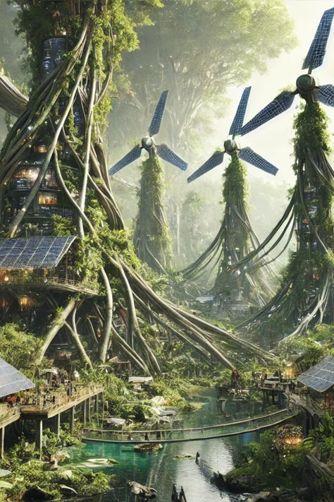 Experience a breathtaking fusion of nature and technology in this cyberpunk jungle civilization. Perfect for eco-conscious enthusiasts, this image showcases advanced technology harmonizing with the natural world. #cyberpunk #jungle #sustainability #advancedtechnology #ecofriendly Solarpunk Concept Art, Jungle Civilization, Ecopunk Aesthetic, Solarpunk Technology, Solar Punk Character, Nature Cyberpunk, Green City Aesthetic, Cyberpunk Nature, Solar Punk City