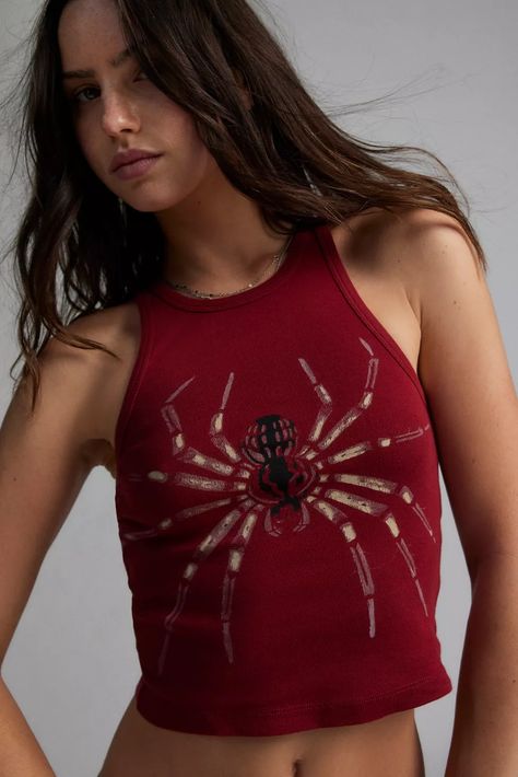 Gracie Spider Graphic Crop Tank Top | Urban Outfitters Really Cropped Top, Cool Crop Tops, Spider Clothes, Funky Tops, Spider Fashion, Funky Sweaters, Graphic Crop Tops, Spider Graphic, Closet Refresh