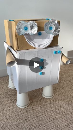 It's easy to make a box robot with items you already have at home - and so much fun! 🤖  Thanks @playful.childhood for sharing this cool cardboard creation! | Makedo Cardboard Robot, Box Robot, Robot Craft, Fall Tree Painting, How To Make Box, Cardboard Box, Autumn Trees, Tree Painting