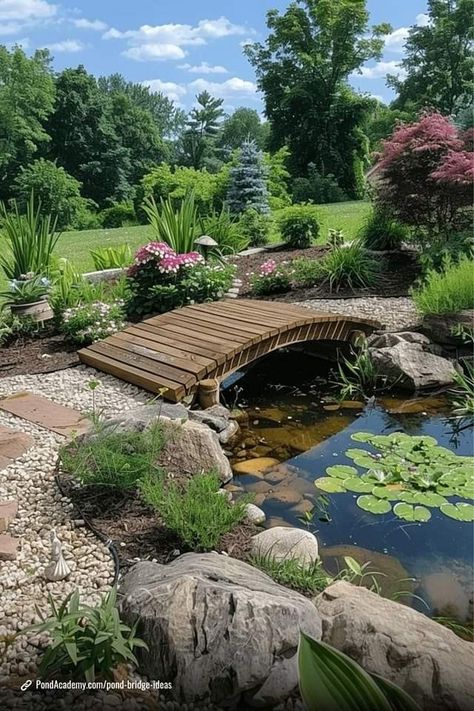 Garden Pond Bridge, Gazebo Pond Ideas, Koi Pond With Bridge, Cottage With Pond, Pond In Garden, Garden With Bridge, House With Pond, Farmhouse Pond, Garden With Pond