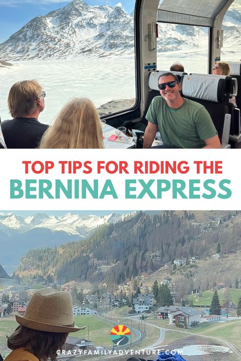 Contains 2 images showing a family on the panoramic train while riding the Bernina Express. Train From Switzerland To Italy, Switzerland To Italy By Train, Bernini Express Train, Bernina Express Train, Bernina Express Switzerland, Tirano Italy, Switzerland Train, Chur Switzerland, Switzerland Summer