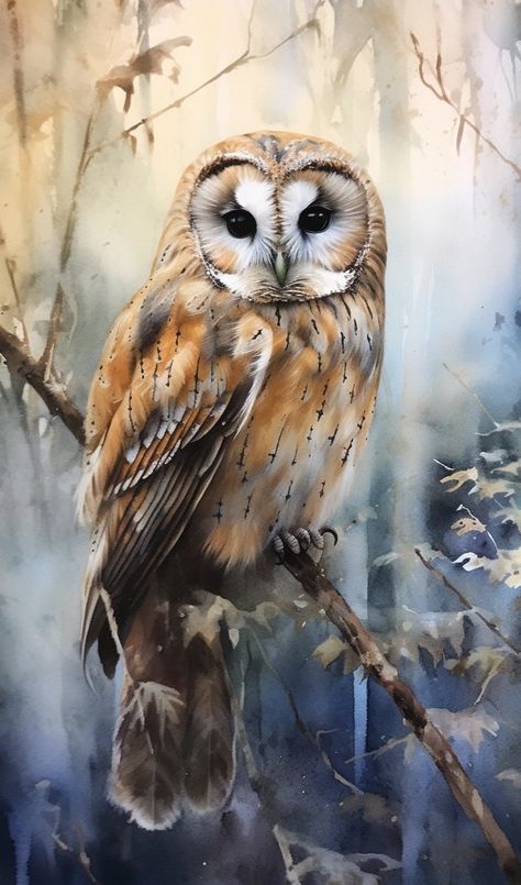 Laminated card with rounded corners. Size: 2.5” x 4.25” Owl sitting on a tree branch. AN74 Owl In Tree Drawing, Owl Watercolor Paintings, Fantasy Owl Art, Owl Rock Painting, Owls Cute, Barn Owl Art, 10 Animals, Owl Sitting, Barn Owls