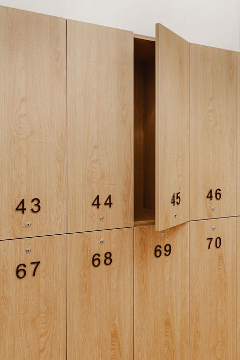 Gallery of Ondatel | mancastudio | Media - 21 Wooden Lockers, Gym Design Interior, Matera Italy, Locker Designs, Yoga Studio Design, Gym Interior, Public Bathrooms, Office Branding, Studio Kitchen