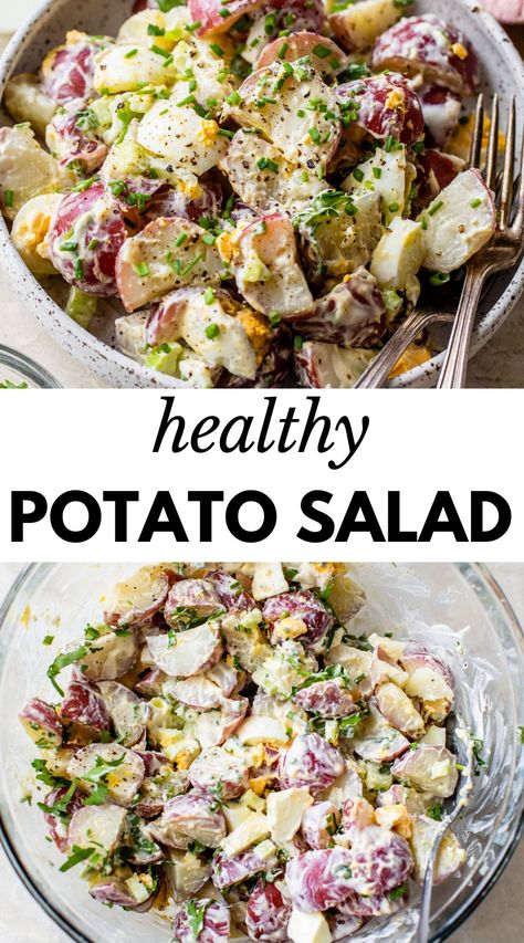 This deli-style Healthy Potato Salad tosses red potatoes and hard-boiled eggs in a tangy Greek yogurt dressing. Deliciously creamy and loaded with protein, it’s the perfect side dish for potlucks, picnics, barbecues, and beyond! Essen, Tricolor Potatoes Recipes, Potato Salad With Greek Yogurt, Potato Medley Recipe, Potato Medley, Healthy Potato Salad, Healthy Potato Salad Recipe, Meatless Food, Salade Healthy